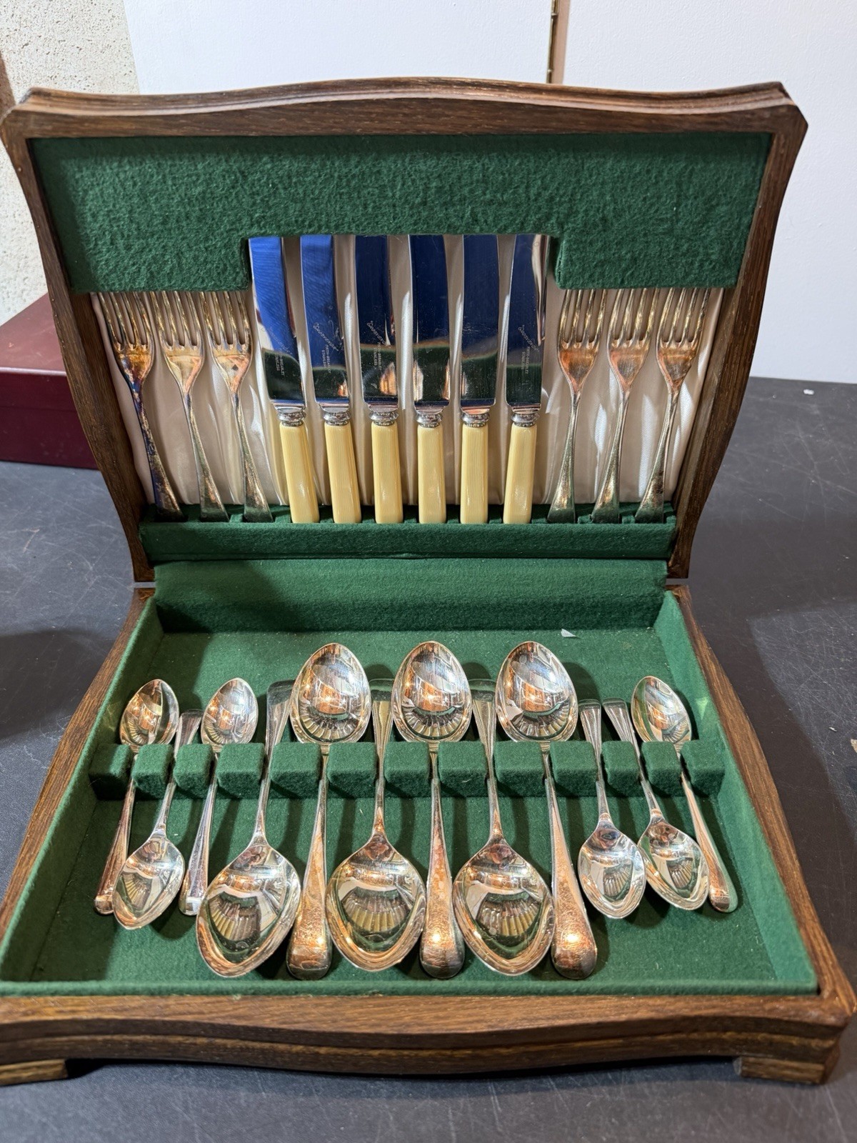 Vintage Grosvenor Firth Brearley Cutlery Flatware Set Box EPNS Faux Bone Handle 