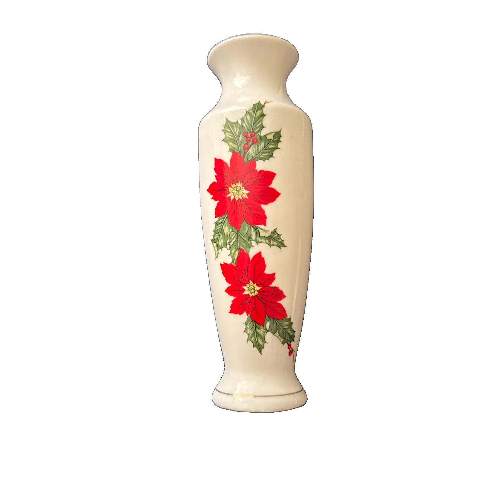 Vintage Lefton Japan Red Christmas pointsettia  Bud Vase Gold Trim 1987 06516