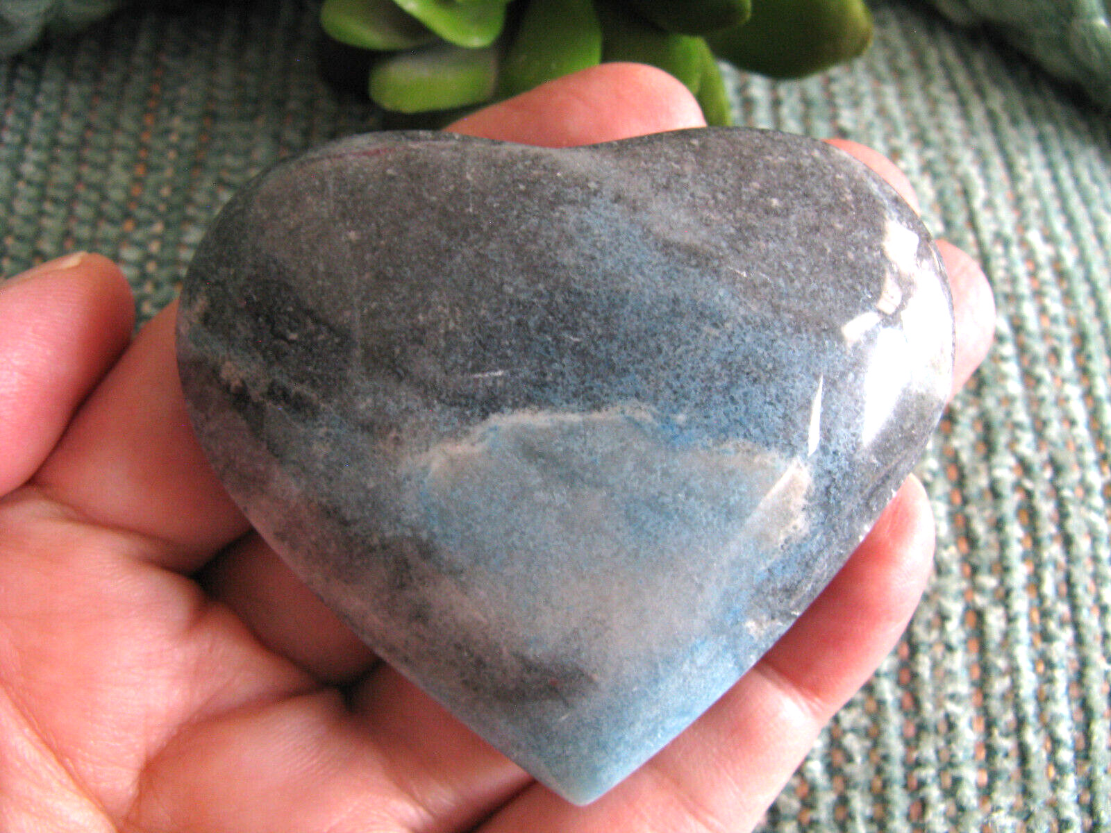 NEW XL NATURAL BLUE TROLLIETE (QUARTZ CRYSTAL & LAZULITE) CARVED HEART--63mm.