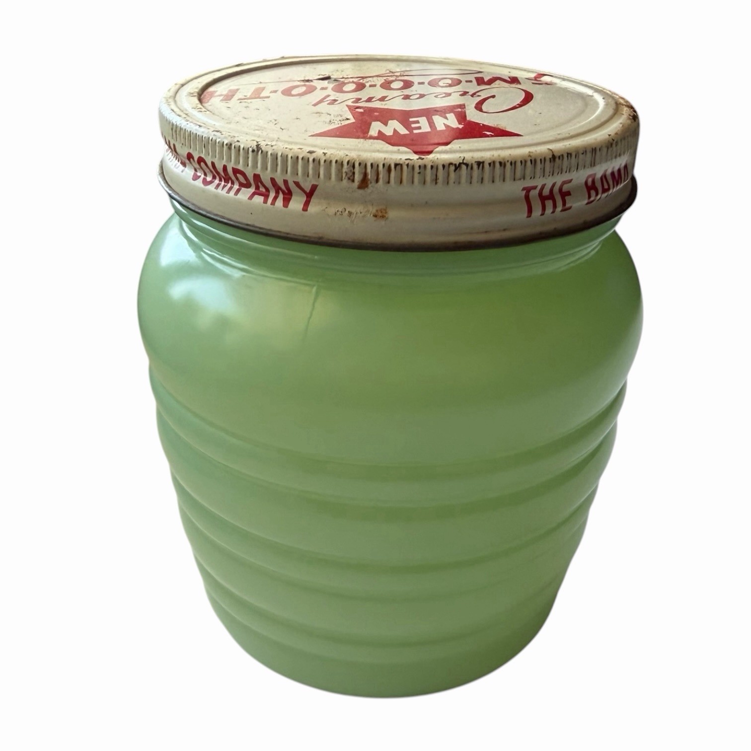 Vintage Jadeite Ribbed Grease Jar Bama Company Creamy Smooth Advertising Lid