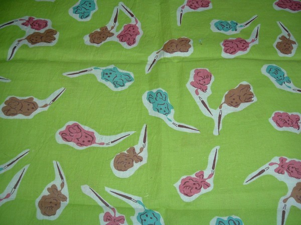 Vtg 40s Novelty Doll Faces & Puppys on Lime Green Quilt Sewing Fabric 26x36 #PB2