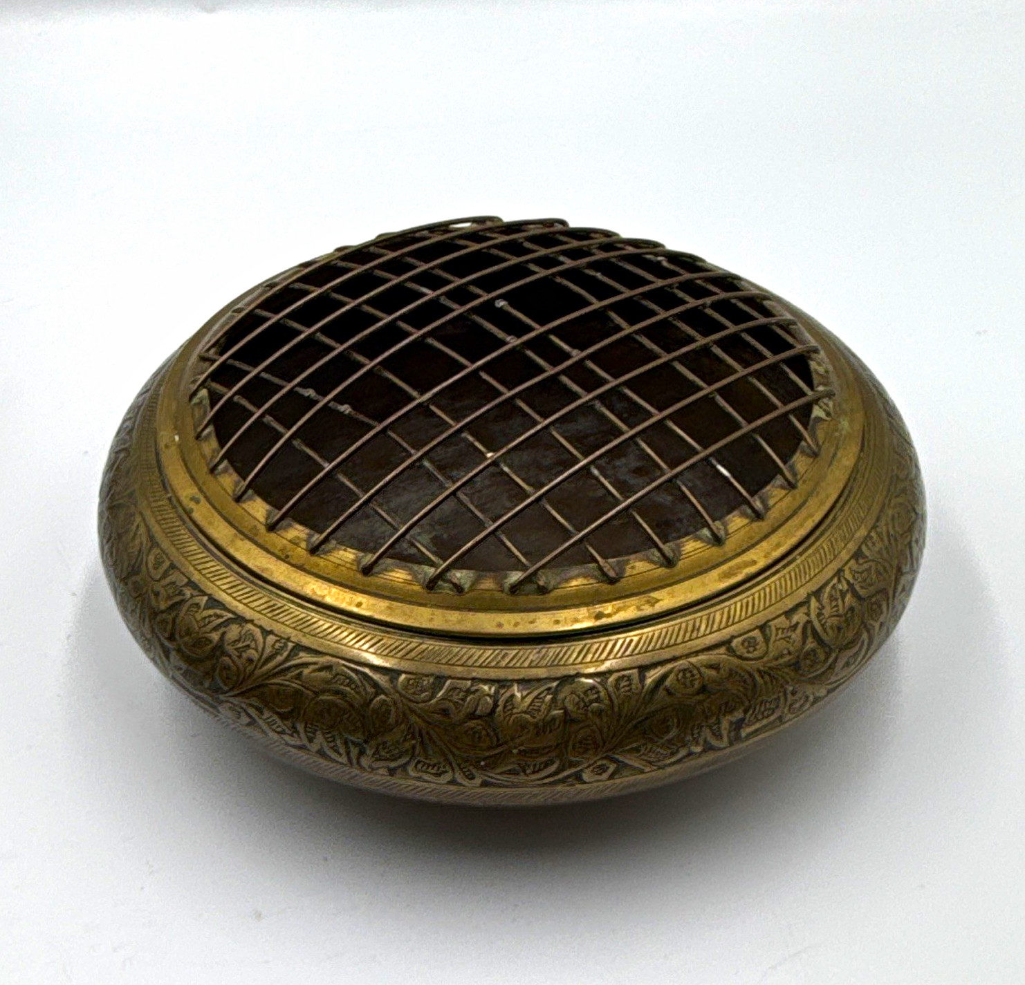 Vintage Etched Brass Flower Frog Bowl - Removable Domed Wire Grid