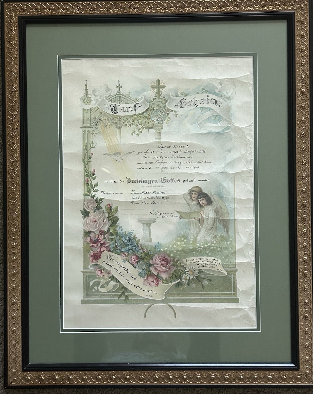 Original 1932 German Lutheran Baptism Certificate Leona Margarete Horstmann Norf