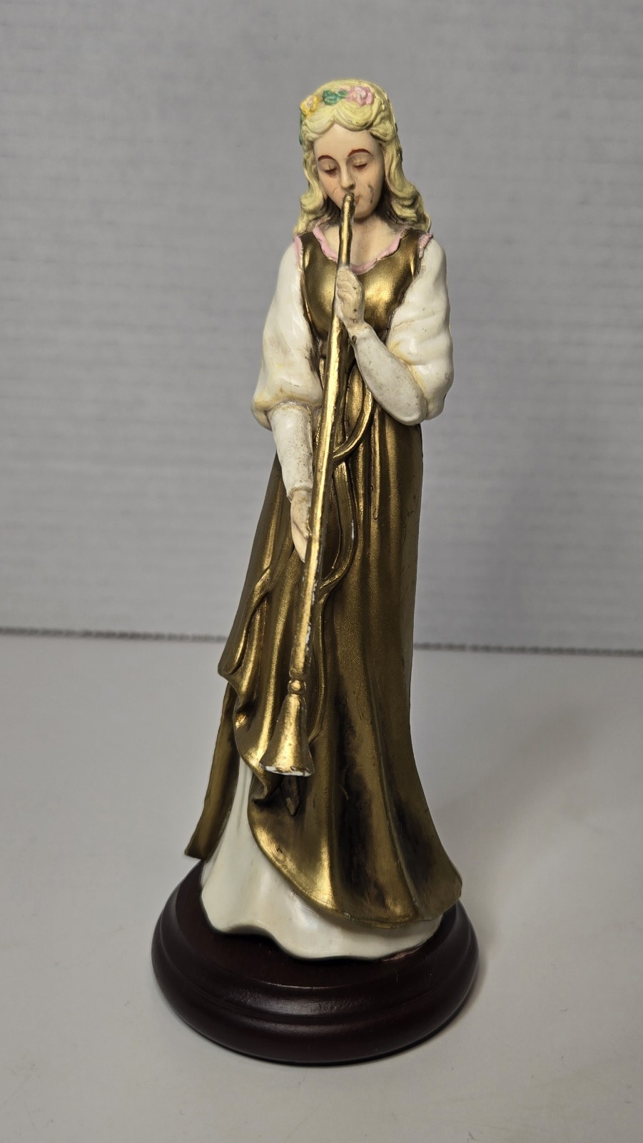 1989 Enesco Resin Women Flowing Hair Gold, White Dress Playing Long Golden Horn 