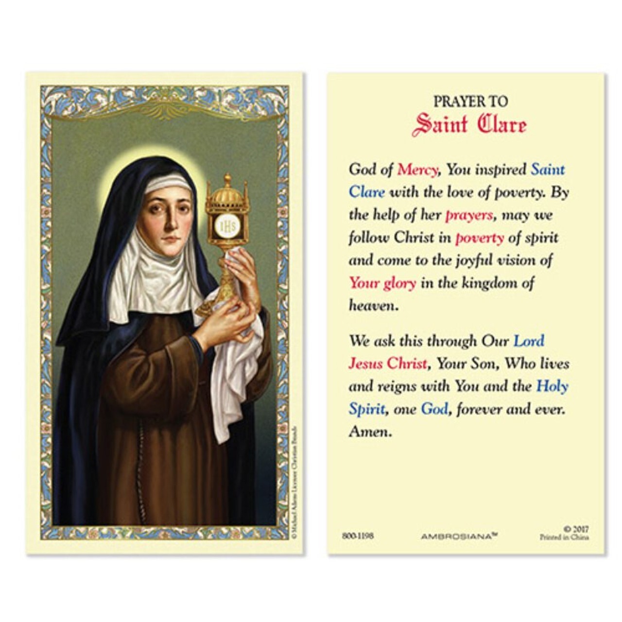 Laminated St. Clare Holy Prayer Card Catholic