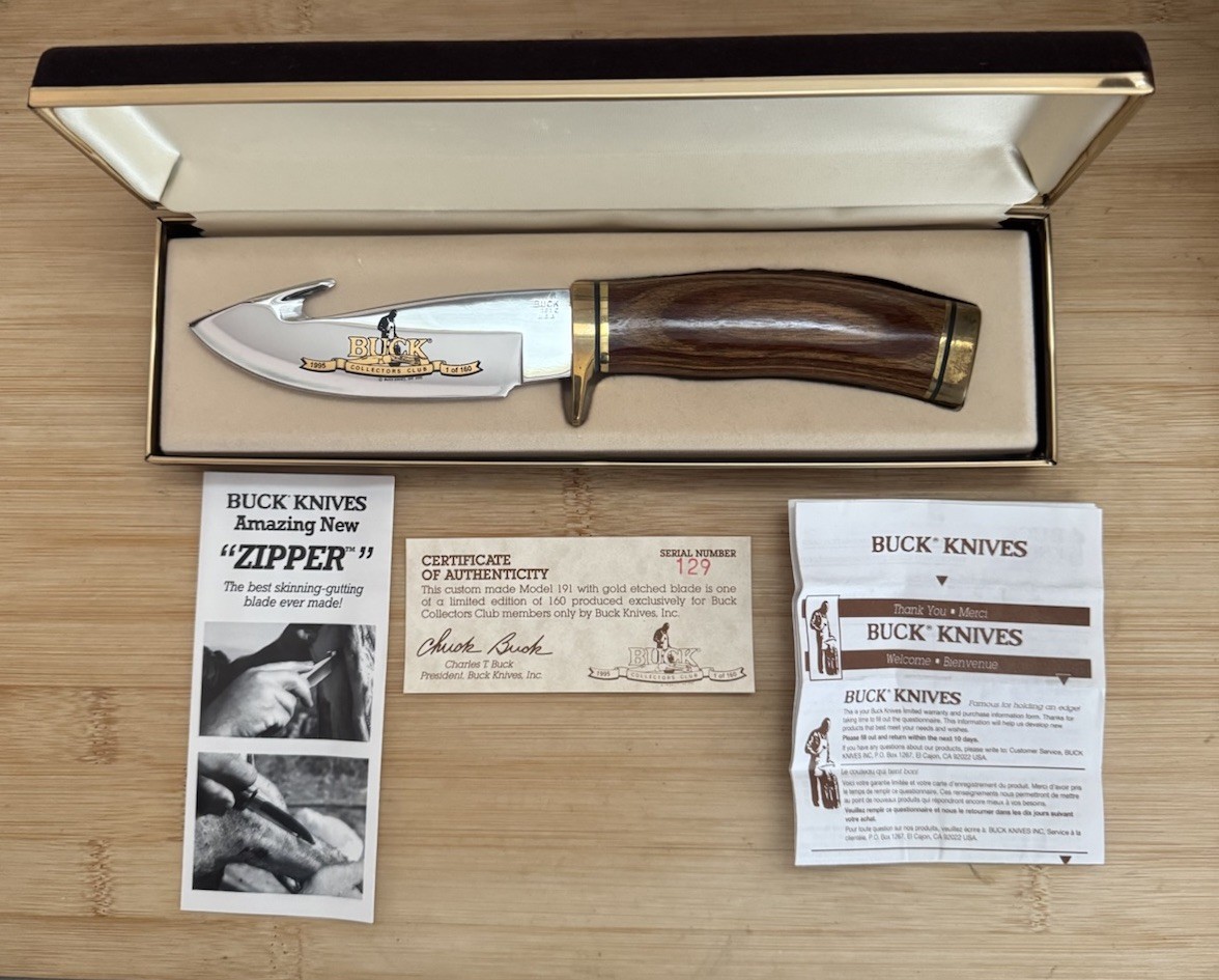 1995 BUCK #191 CLUB ZIPPER KNIFE NEVER USED IN BOX  Serial # 129/150 VINTAGE