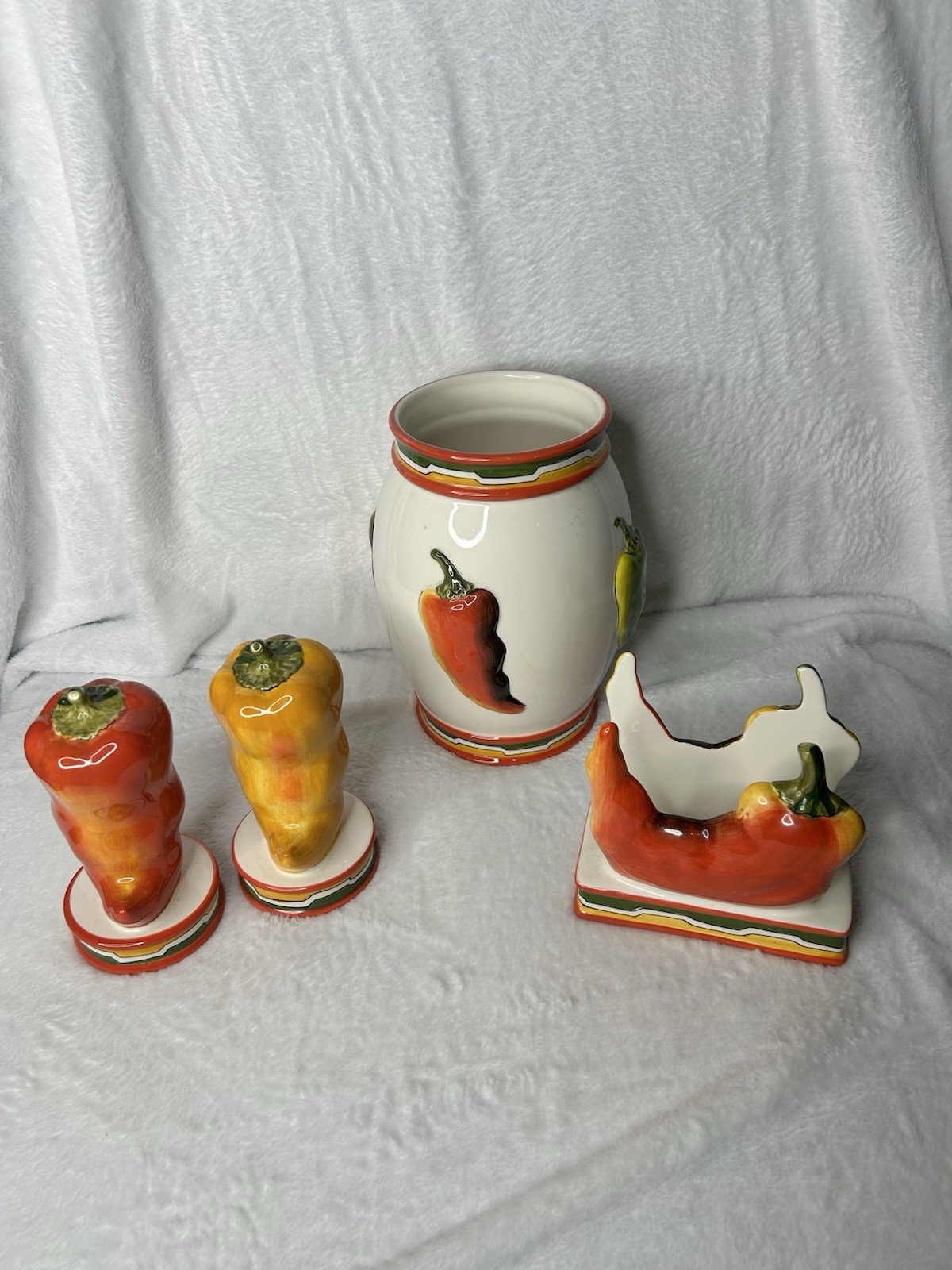 Vintage Clay Art Chili Hot Peppers Salt Pepper & Napkin Holder Set & Canister