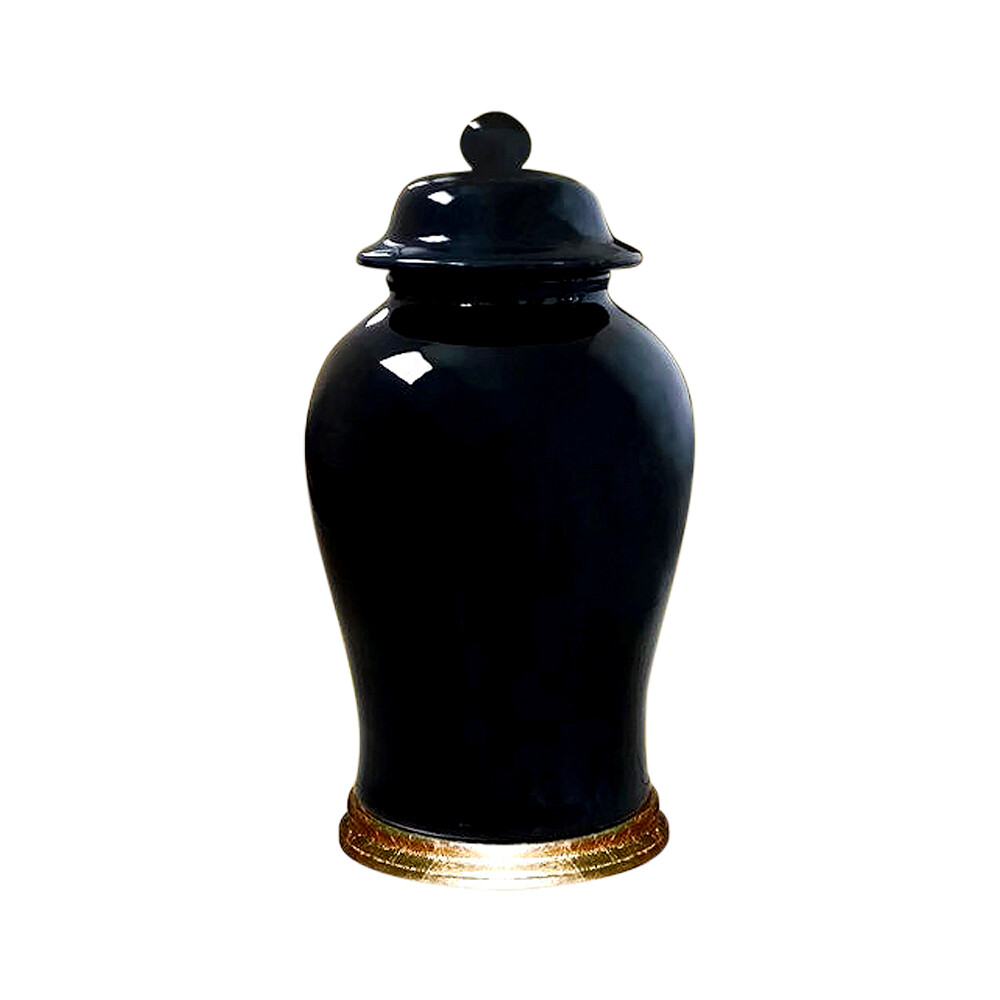 Beautiful Chinese Porcelain Black Temple Jar with Gold Leaf Wooden Stand 19