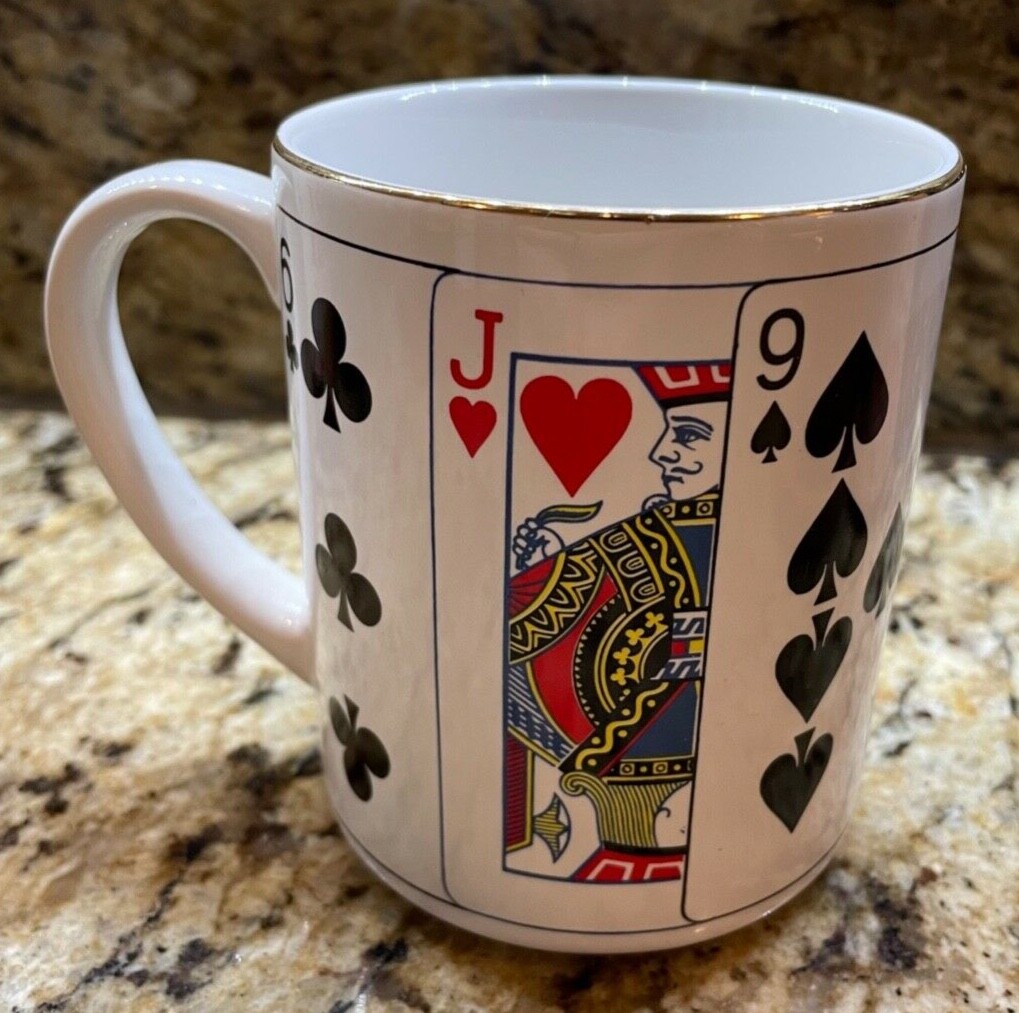 Vintage 1991 CBK LTD Poker Mug Casino Playing Cards Coffee Cup Gold Trim