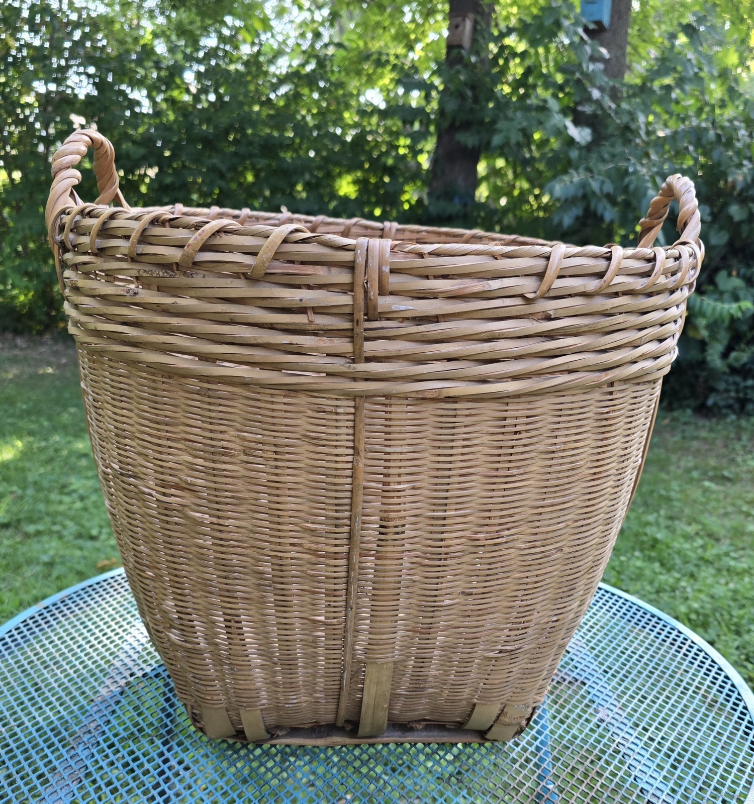 Vtg Mid Century Wicker Bamboo Bushel Basket X Large Handles 16 Vtg Mid Century Wicker Bamboo Bushel Basket X Large Handles 16