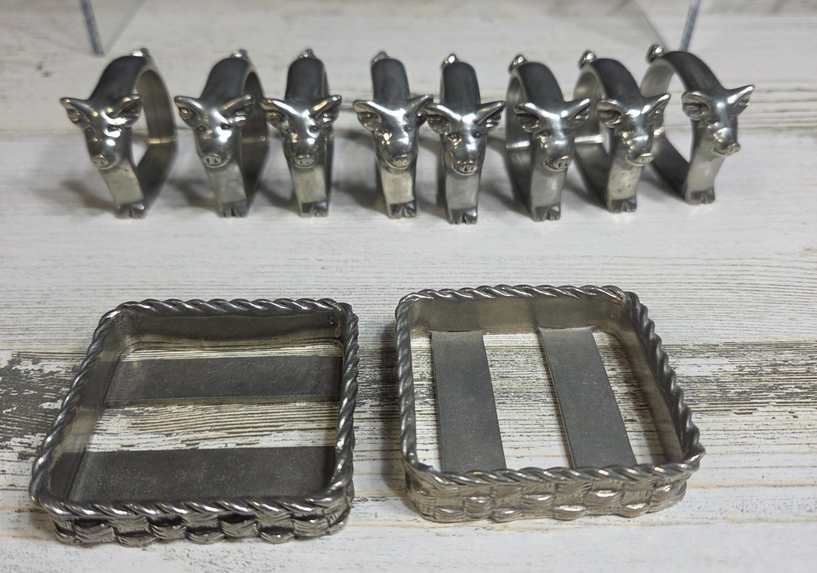 Vtg Seagull Pewter Canada Pig Napkin Rings Holders Set of 8 w/2 Trays Holders Vtg Seagull Pewter Canada Pig Napkin Rings Holders Set of 8 w/2 Trays Holders