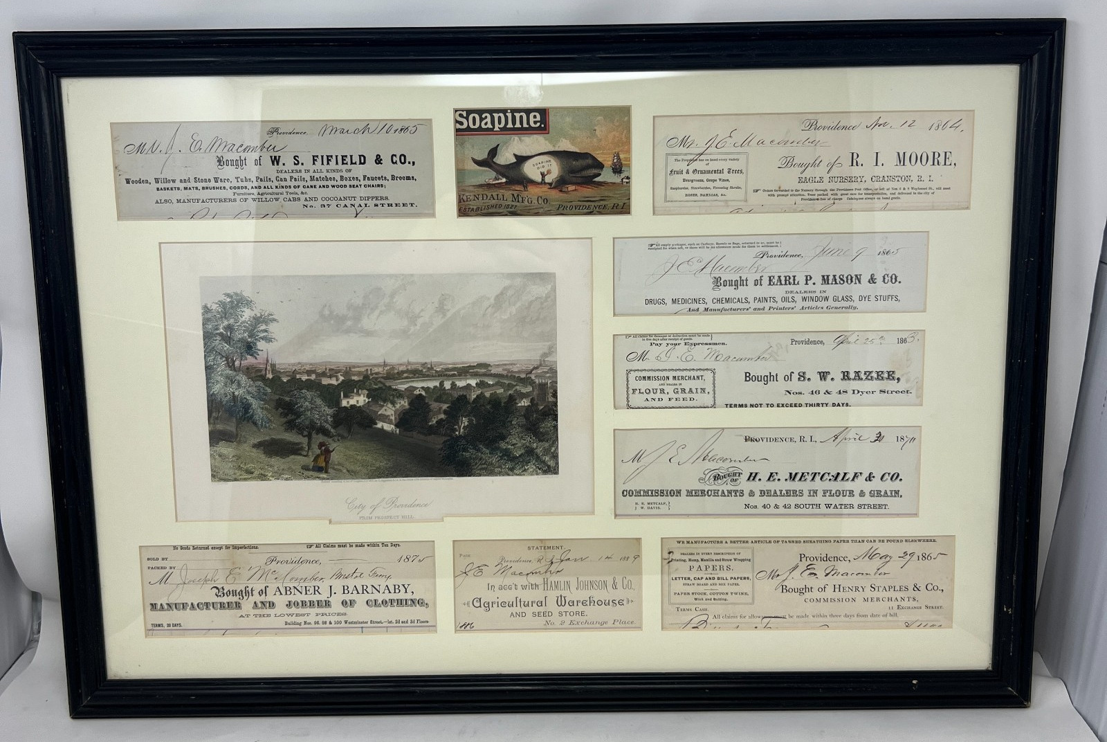 Antique 1800s Providence RI Ephemera Framed Collection Checks Soapine Advertisin