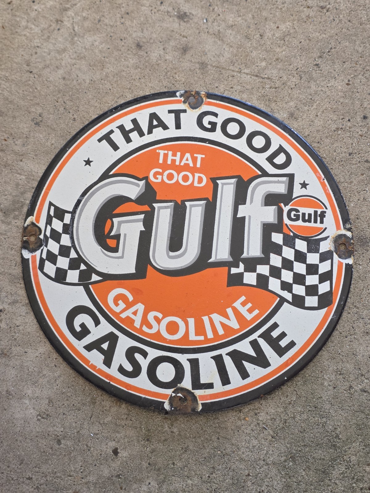 VINTAGE “THAT GOOD GULF “GASOLINE PORCELAIN GAS PUMP MOTOR OIL SIGN 12\