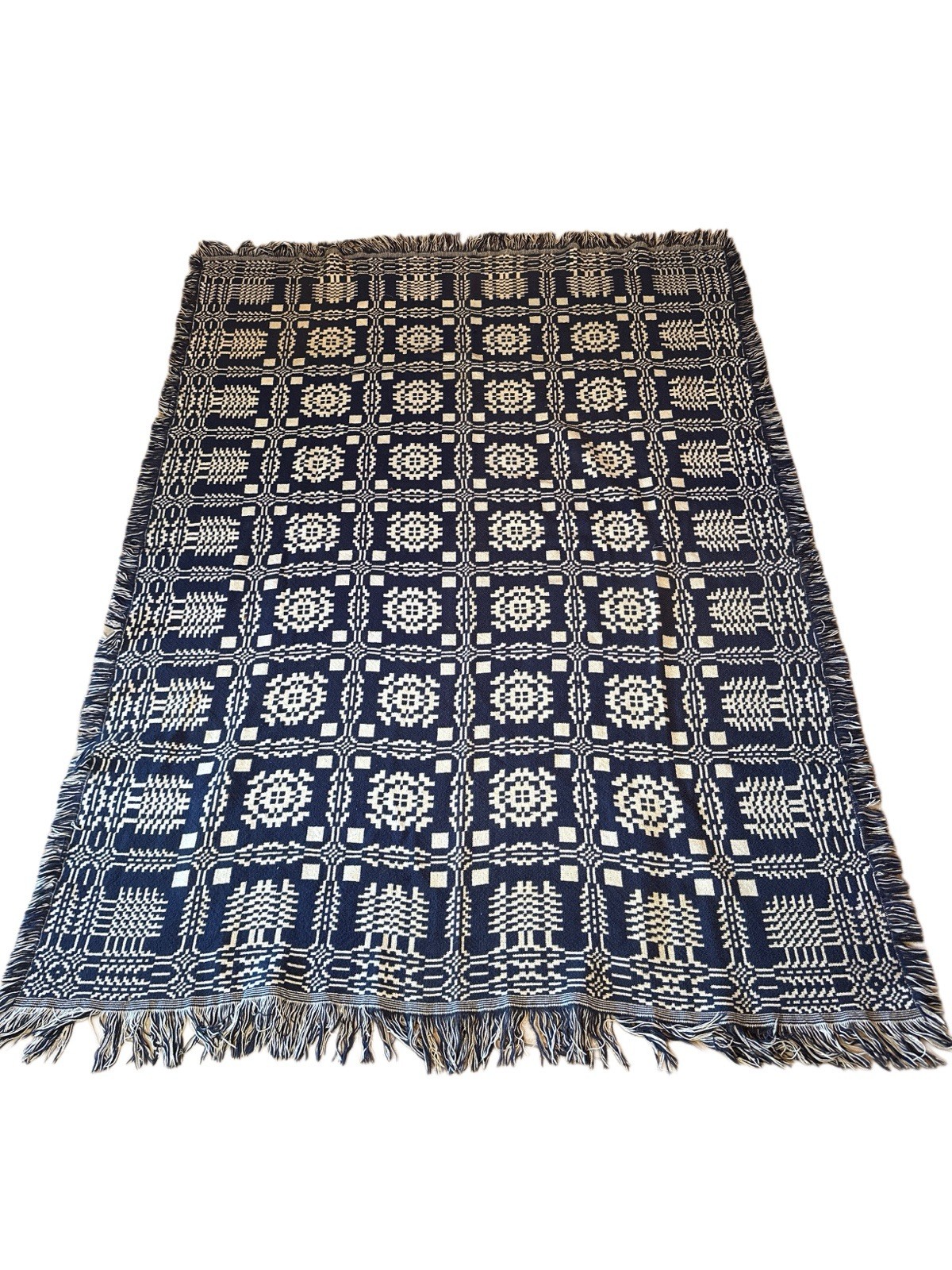 Vintage Goodwin Guild Navy and Cream Coverlet 100% Cotton Hand Woven  50
