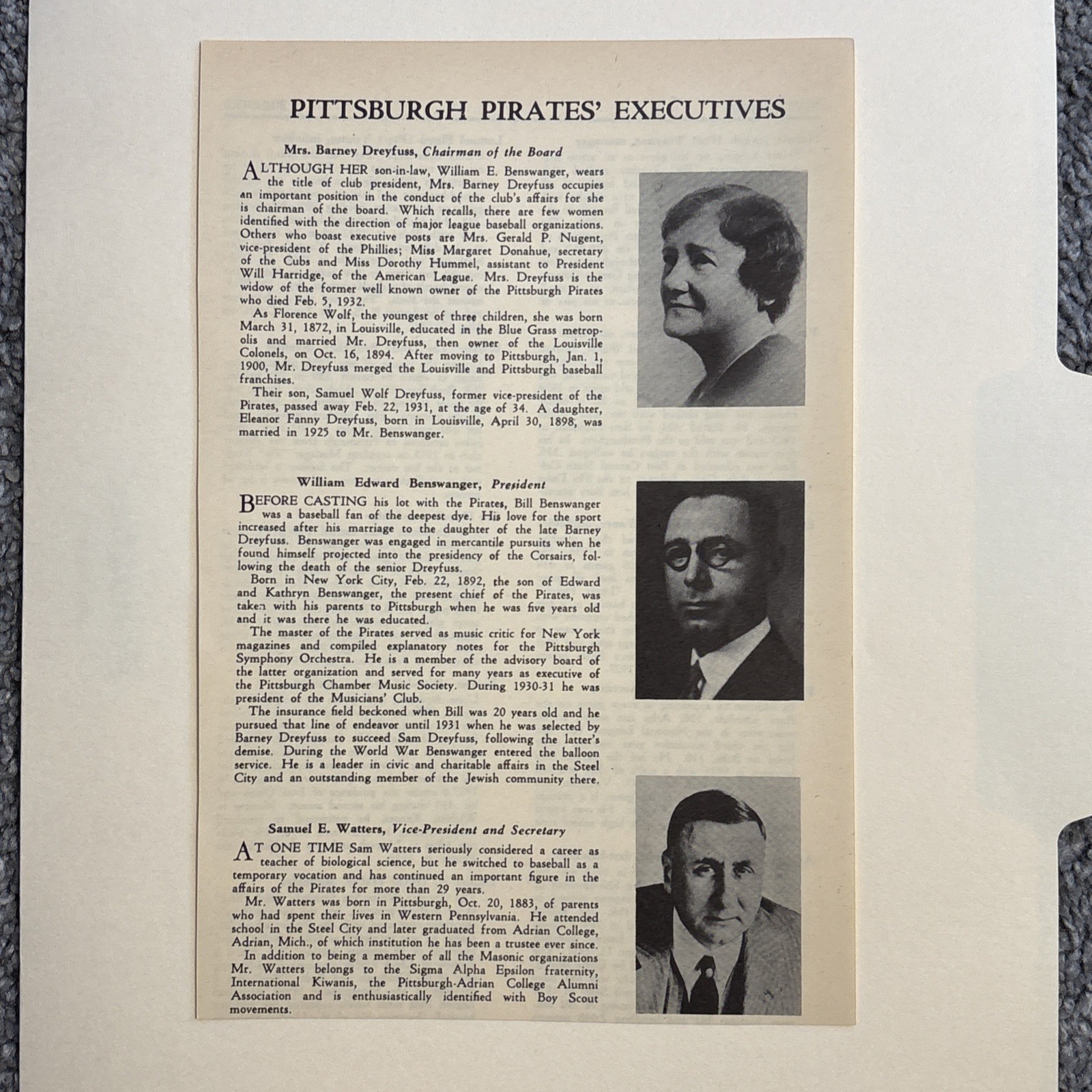 Pittsburgh Pirates Executives Mrs. Barney Dreyfuss 1937 Annual Baseball 5X8 Pic