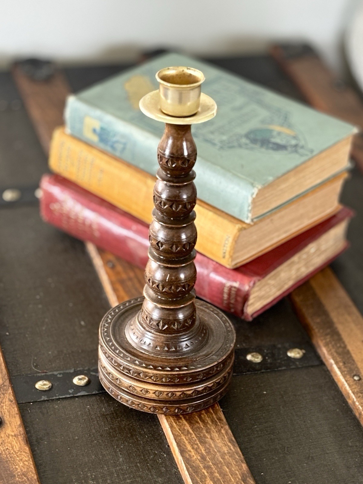 Vintage German Wood Candlestick Brass Swivel Heirloom