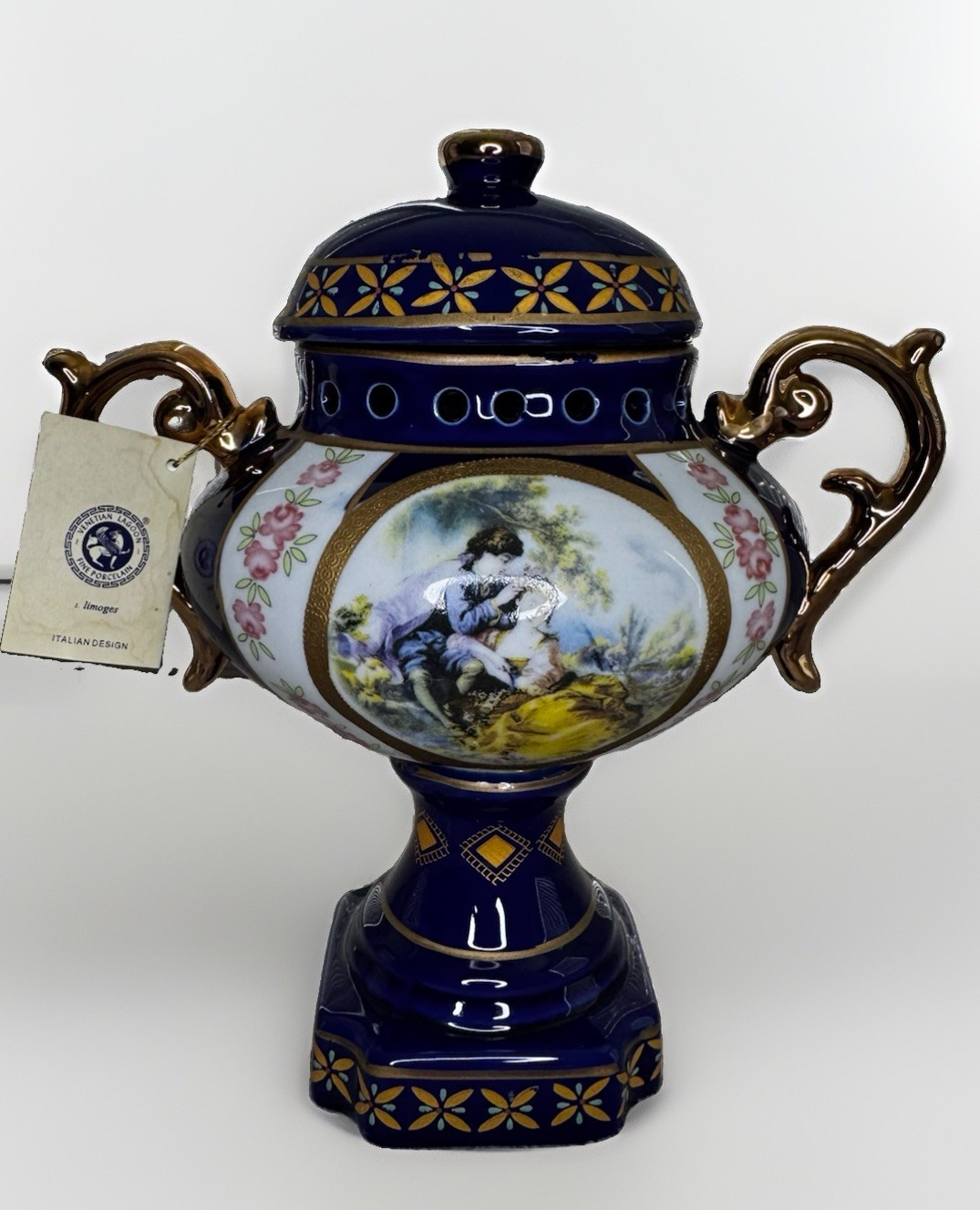 Blue Venetian Lagoon Limoges Fine Porcelain Vase Blue Gold Trim Vintage
