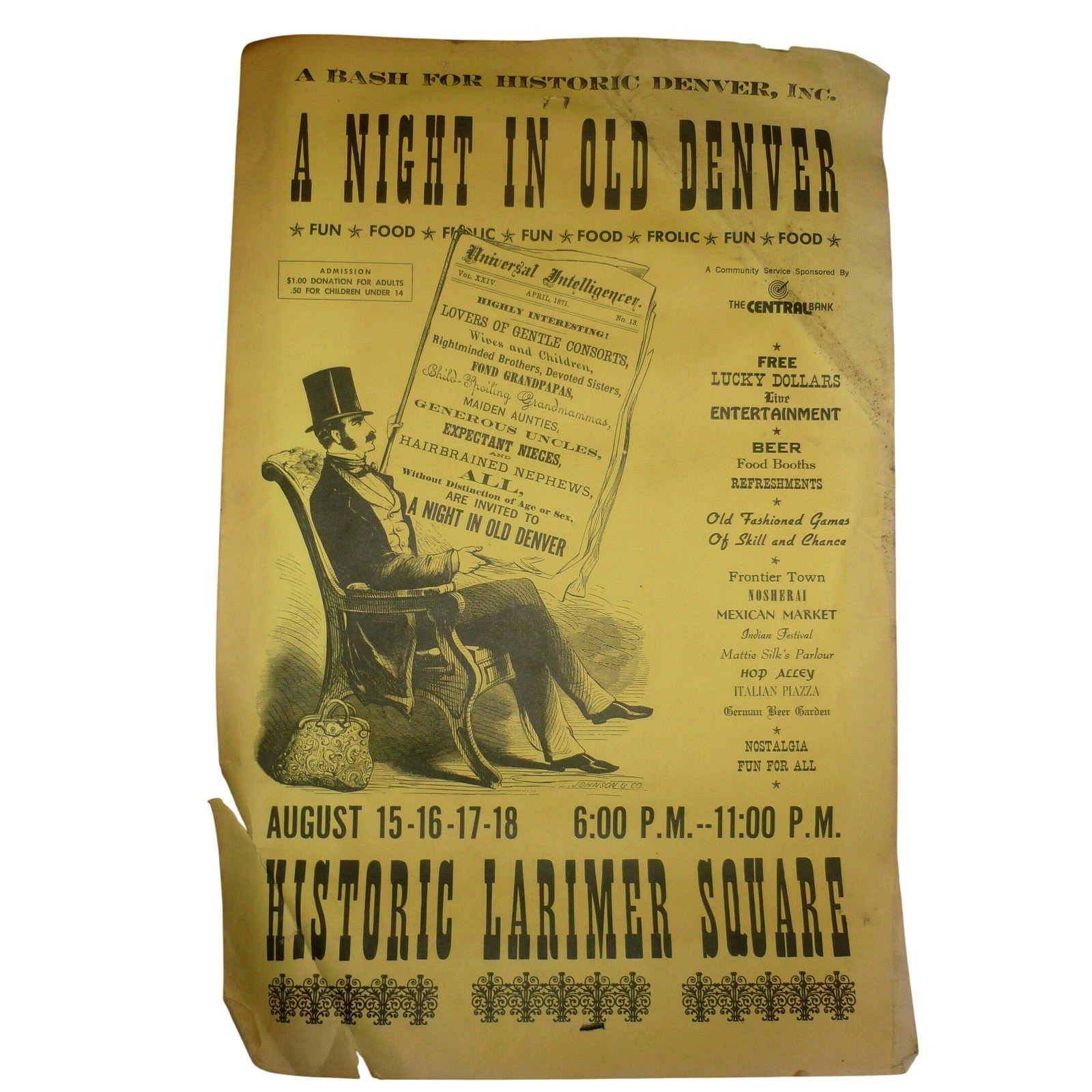 Vintage A Night  Old Denver Poster Historic Larimer Square Broadside 1970s 15x23
