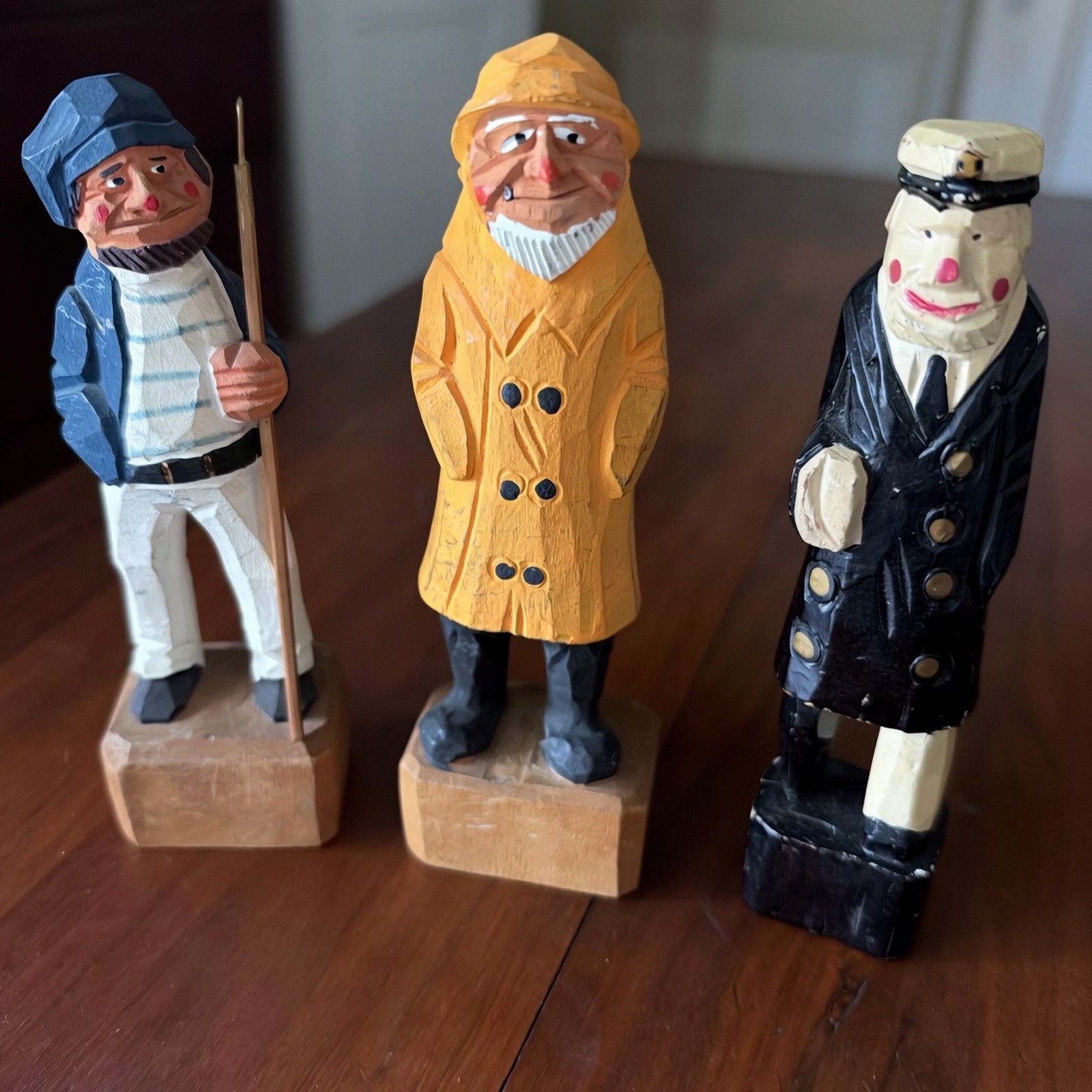 Vintage Hand-Carved Trio Of Old Sailors Wooden Figurines, Nautical Old Salty