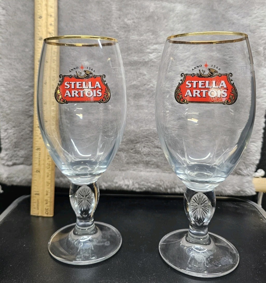Stella Artois Belgium 33 cl Gold Rimmed Chalice Stemmed Beer Glasses Set Of 2