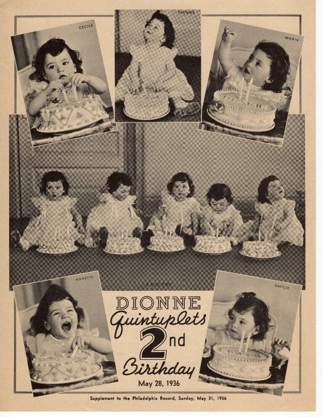 RARE 1936 Dionne Quintuplets 2nd Birthday Philadelphia Record Supplement Sheet RARE 1936 Dionne Quintuplets 2nd Birthday Philadelphia Record Supplement Sheet