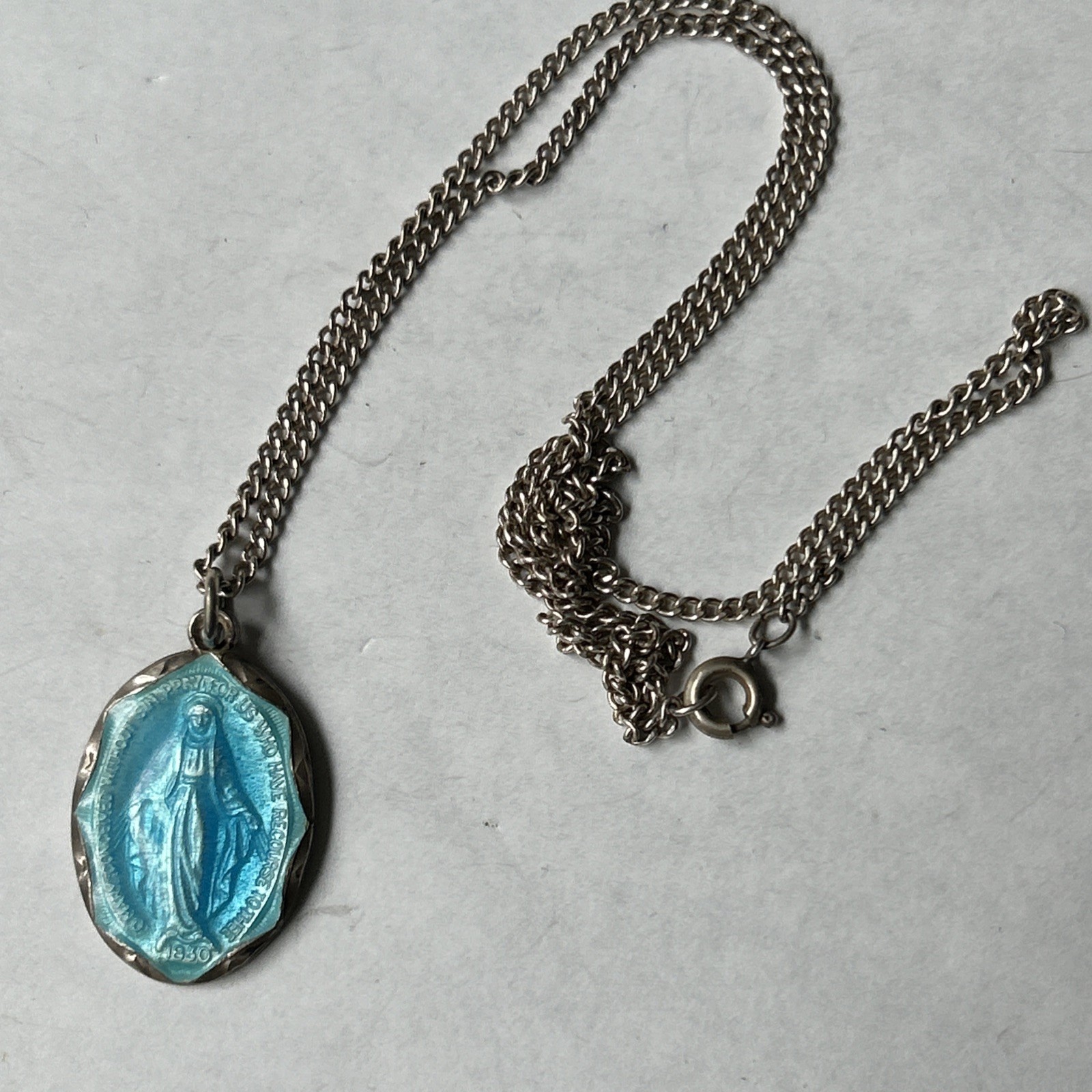 Vintage Sterling Silver  Blue Enamel Religious Medal Virgin Mary Pendant & Chain