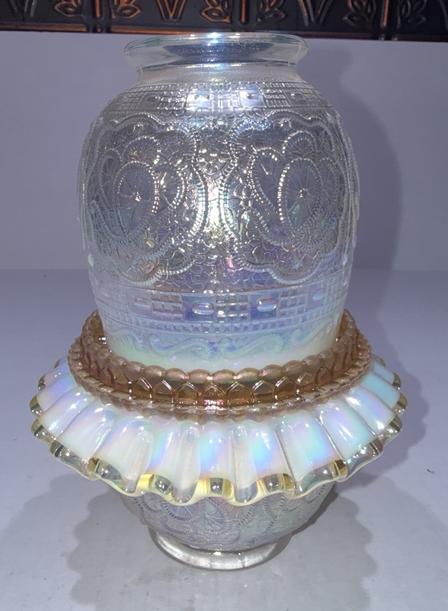 Fenton French Opalescent Persian Medallion 3pc Fairy Lamp Amber/Marigold Insert