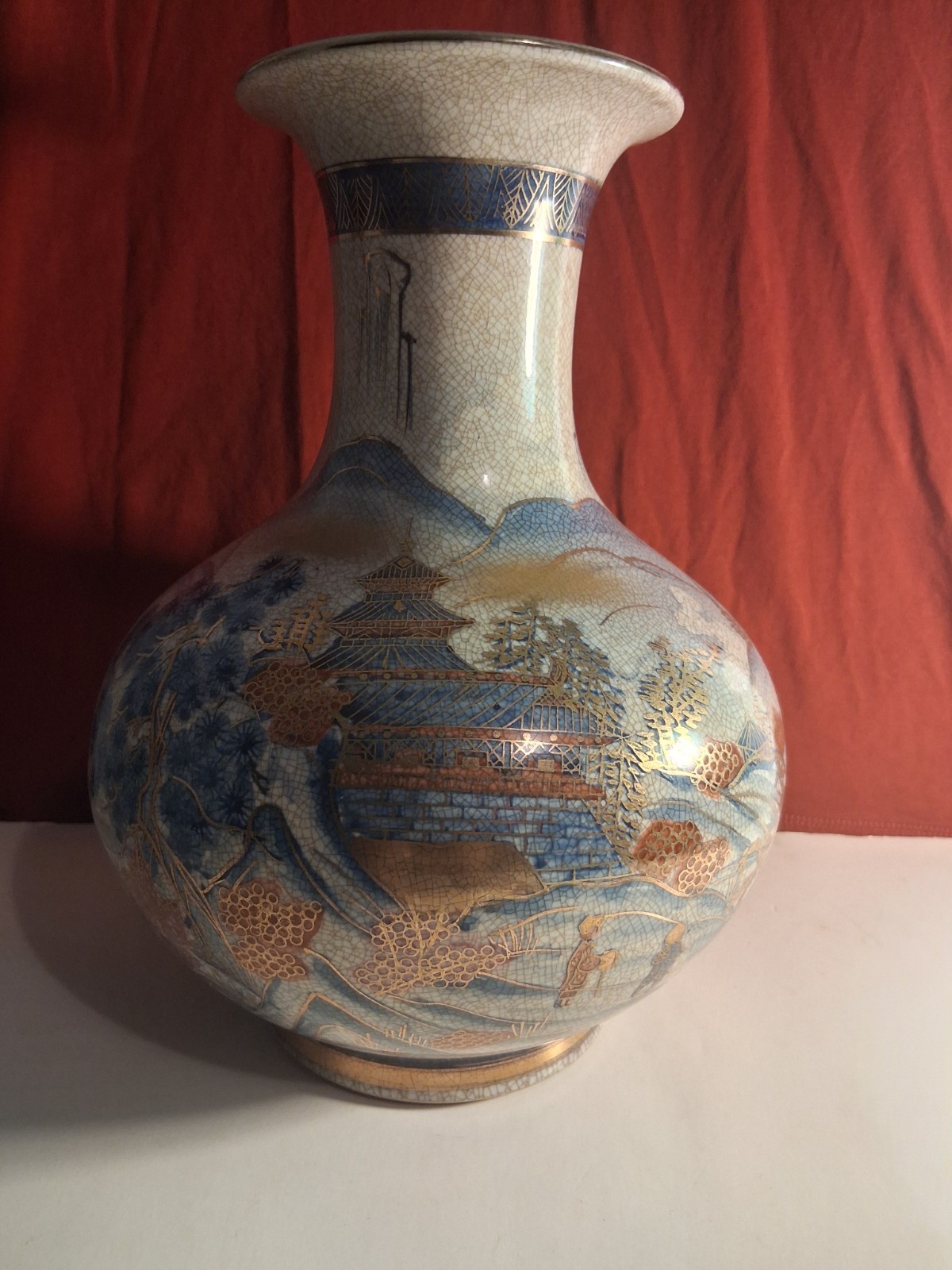 Vintage Japanese Satsuma Hand Painted Embellished Gold Tone and Crackling Finish