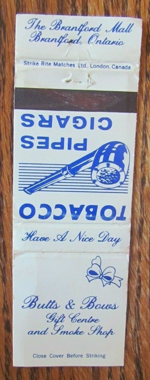 BUTTS & BOWS SMOKE SHOP BRANTFORD ONTARIO TOBACCO MATCHBOOK COVER MATCHCOVER E24