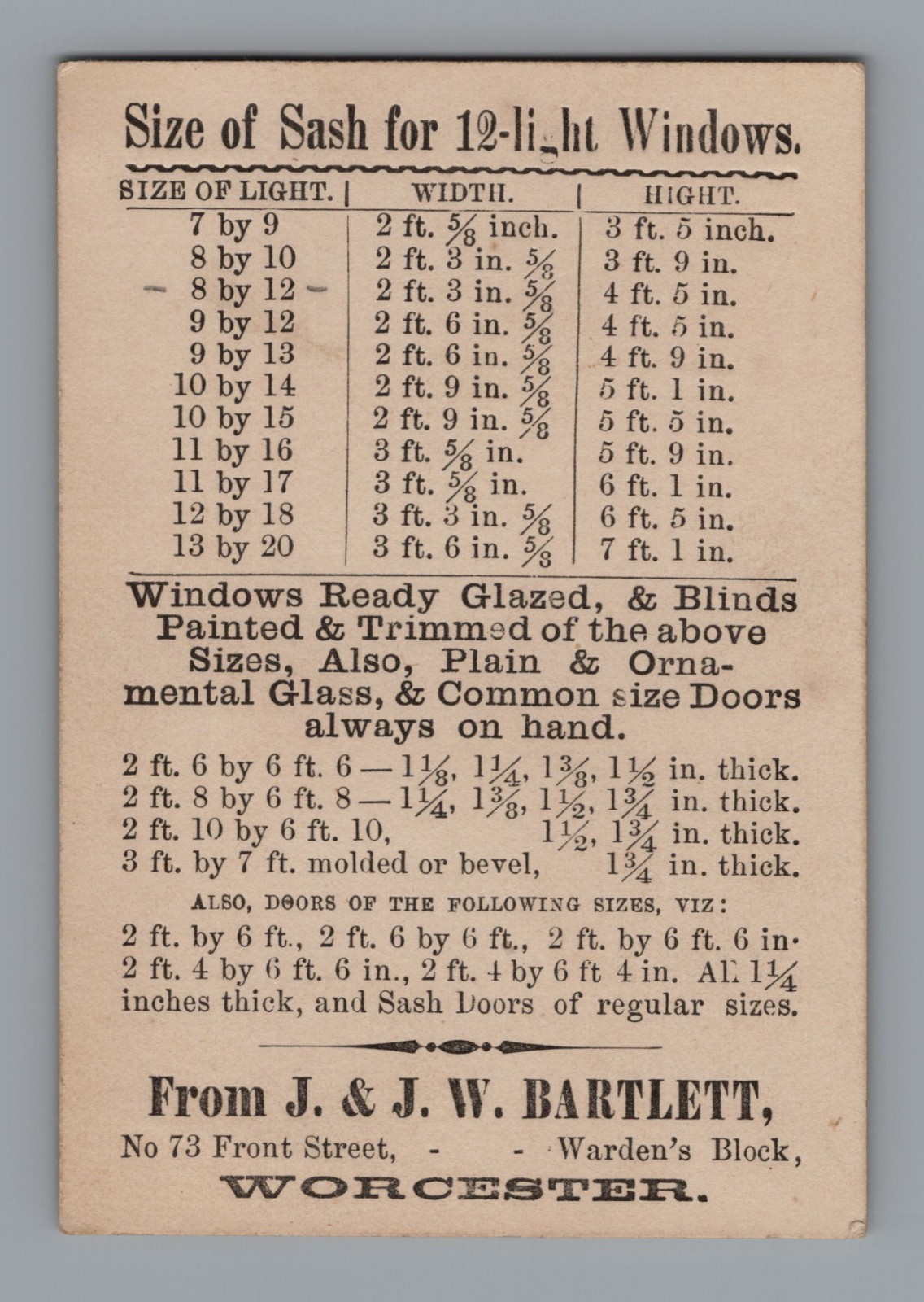 Antique Trade Card Price List J. & J. W. Bartlett Windows Sash and Millwork