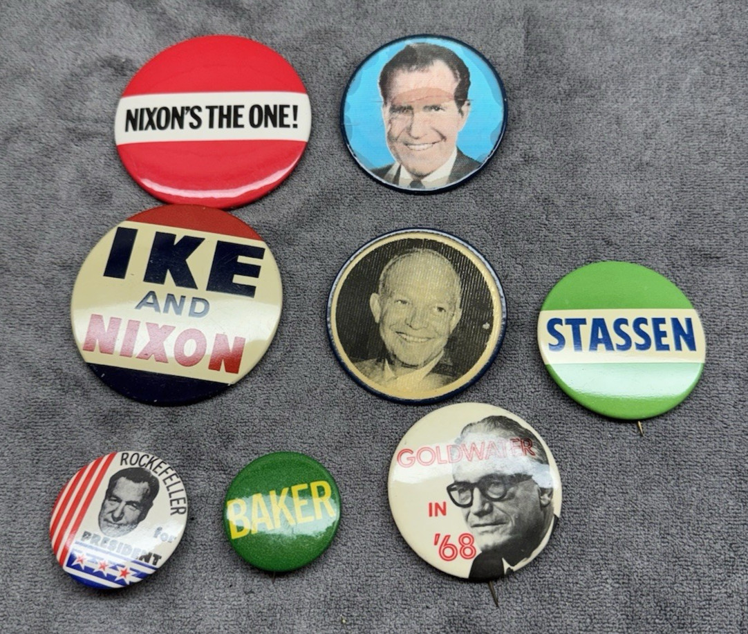 Vintage 60s Political Pinback Buttons – Nixon Ike Rockefeller Goldwater Strassen Vintage 60s Political Pinback Buttons – Nixon Ike Rockefeller Goldwater Strassen