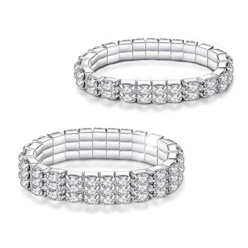 [Lucbuy] 2Pcs Rhinestone Stretch Bracelet Sparkling Diamond Tennis Bracelet, Si_