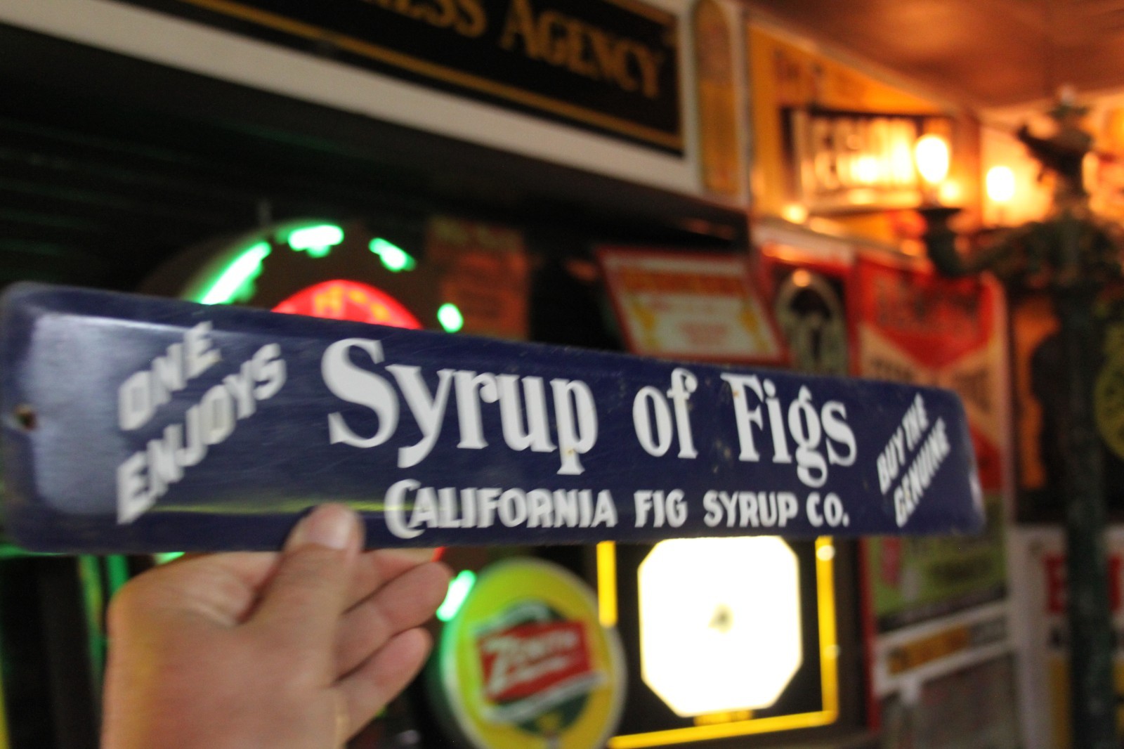 RARE 1950s BUY GENUINE SYRUP OF FIGS CALIFORNIA FIG STAMPED PAINTED METAL SIGN