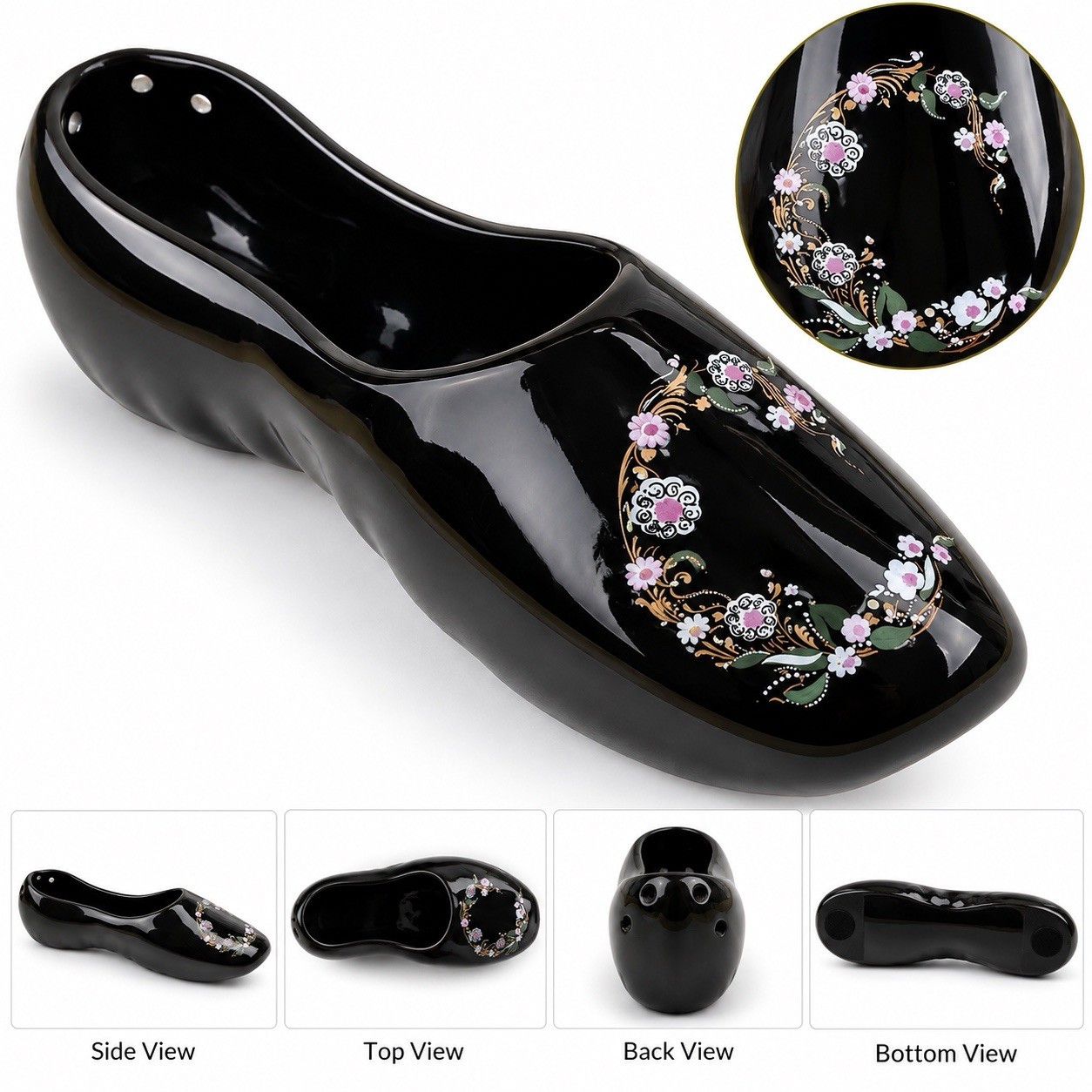 Vintage Black Ceramic Shoe Planter Vase Floral Design 8” Decorative Collectible Vintage Black Ceramic Shoe Planter Vase Floral Design 8” Decorative Collectible