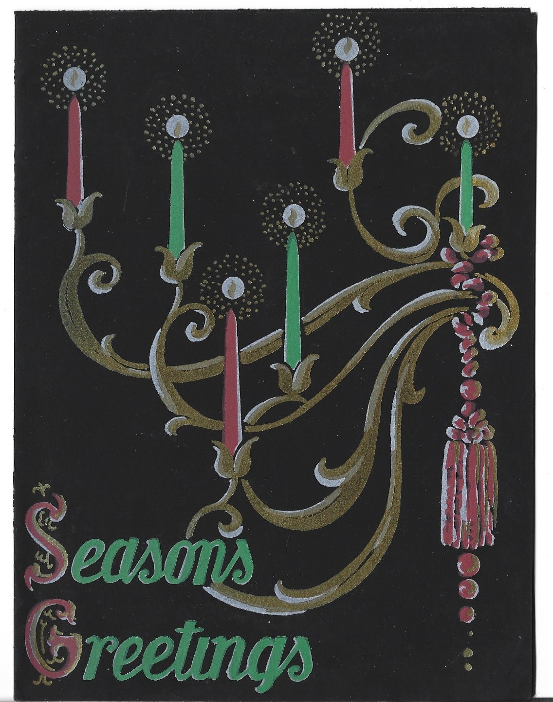 VTG CHRISTMAS CARD 5.25X7 BLACK SEASON\'S GREETINGS RED & GREEN CANDLES TASSLE