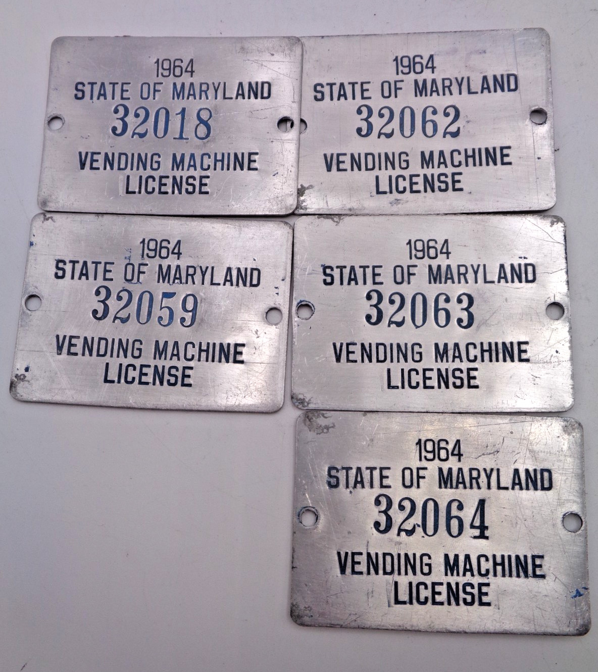 Lot of 5 HTF Antique 1964 Maryland Vending Machine Metal License Plate Tags