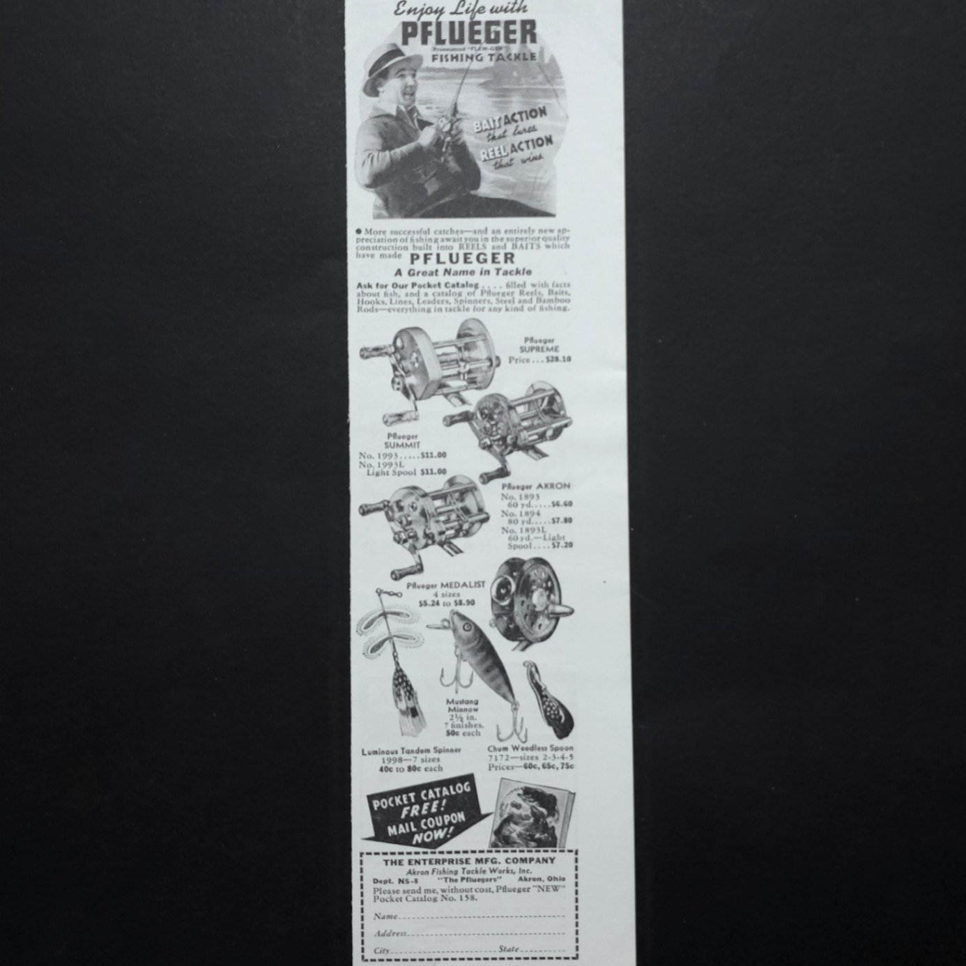 Pflueger Fishing Tackle Supreme Summit Akron Medalist Reel 1938 Vtg Print Ad