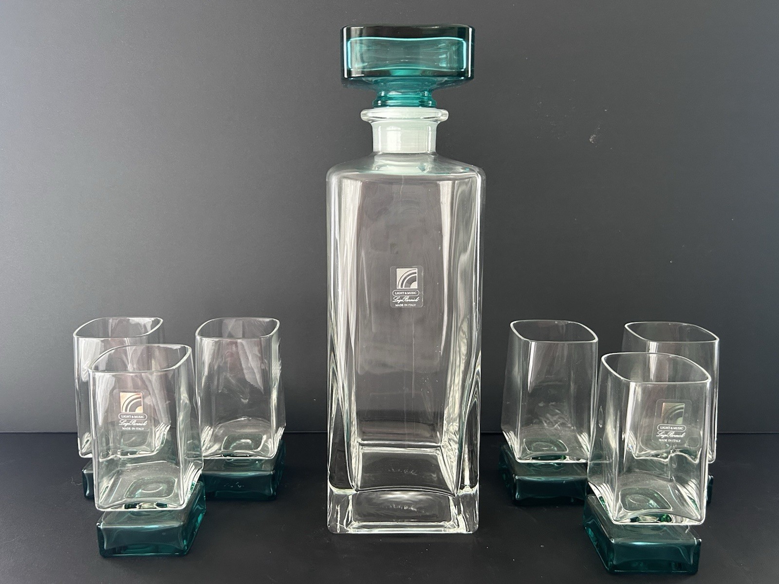 Vintage Luigi Bormioli Light And Music Monet Decanter 10x3 W/ 6 Glasses 3 3/4\