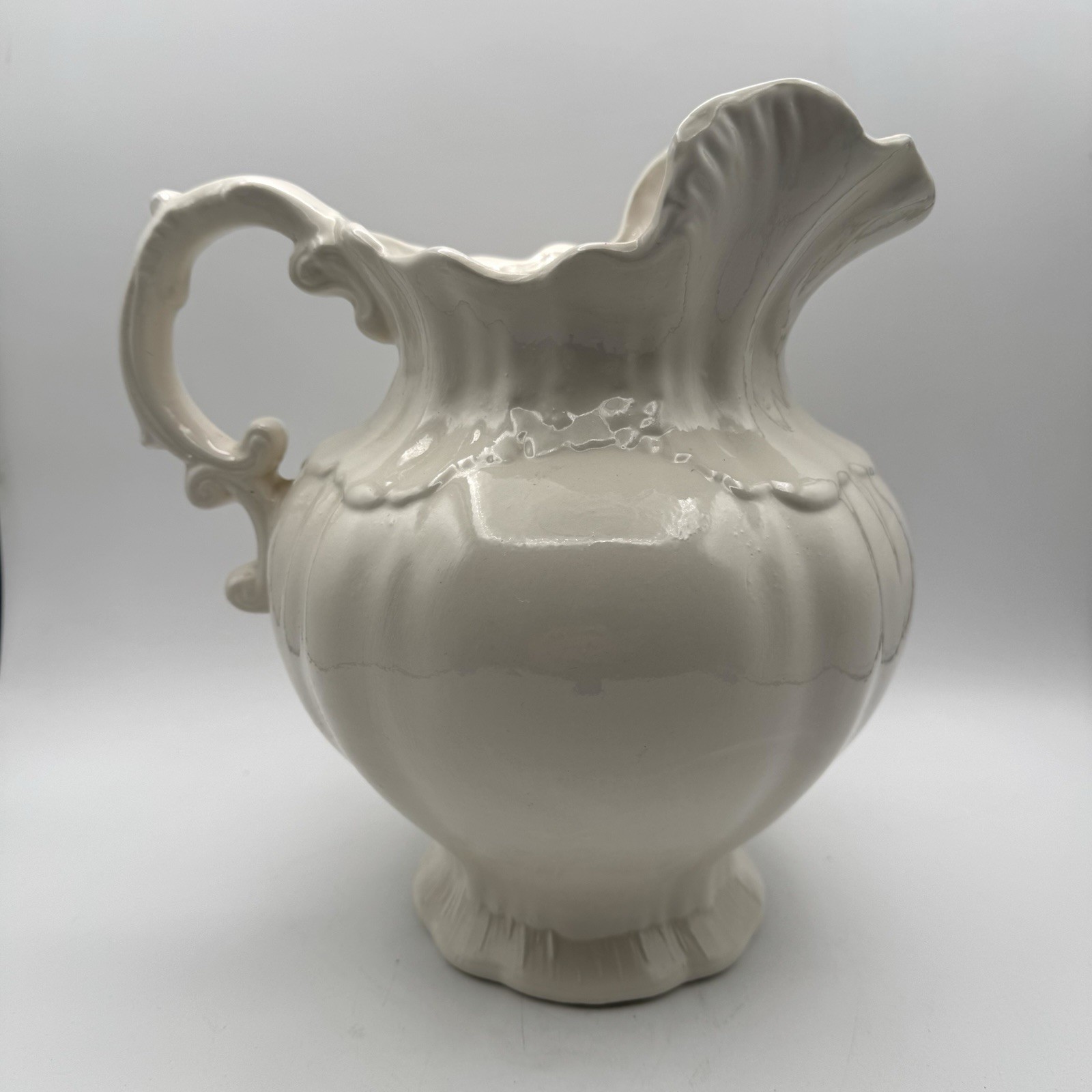 Vintage Arnels White Ceramic Pitcher Large Victorian Baroque Style Accent Molded