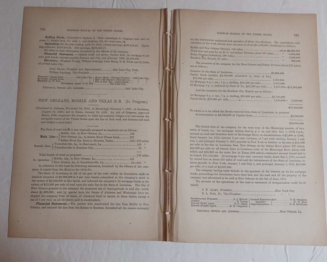 1875 Train Report NEW ORLEANS MOBILE & TEXAS RAILROAD in Progress Brashear City 