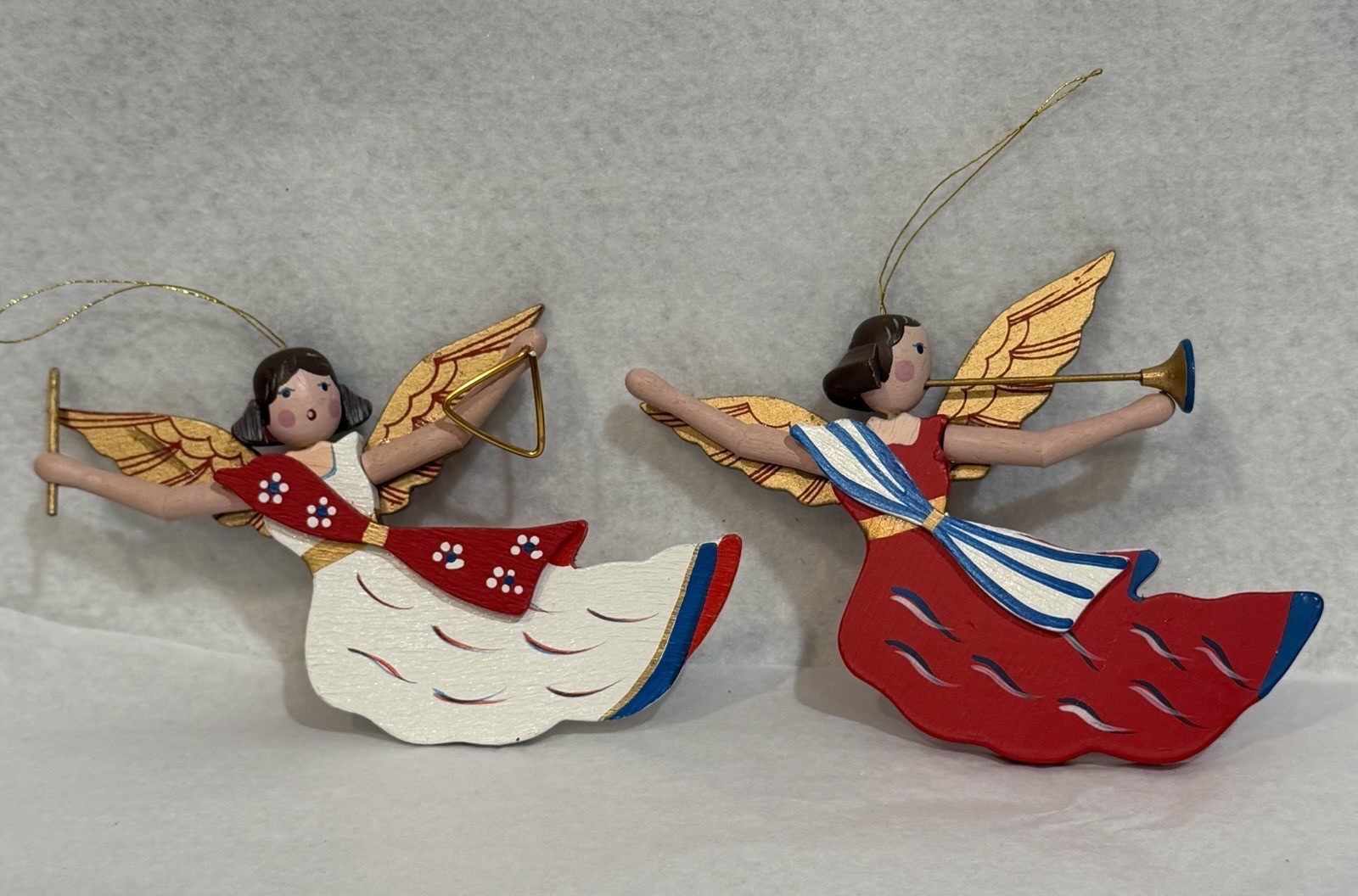 2 VTG Hand-Painted Wood Angel Musicians Christmas Ornaments Red White Blue Gold