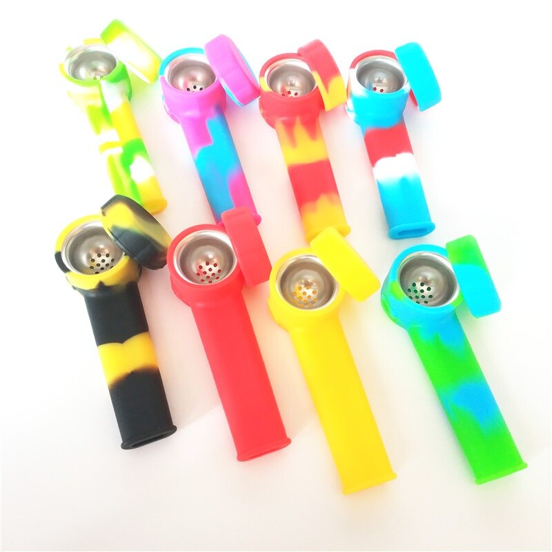 5PCS 3.4'' Mini Silicone Smoking Hand Pipe with Metal Bowl & Cap Lid Pocket Pipe