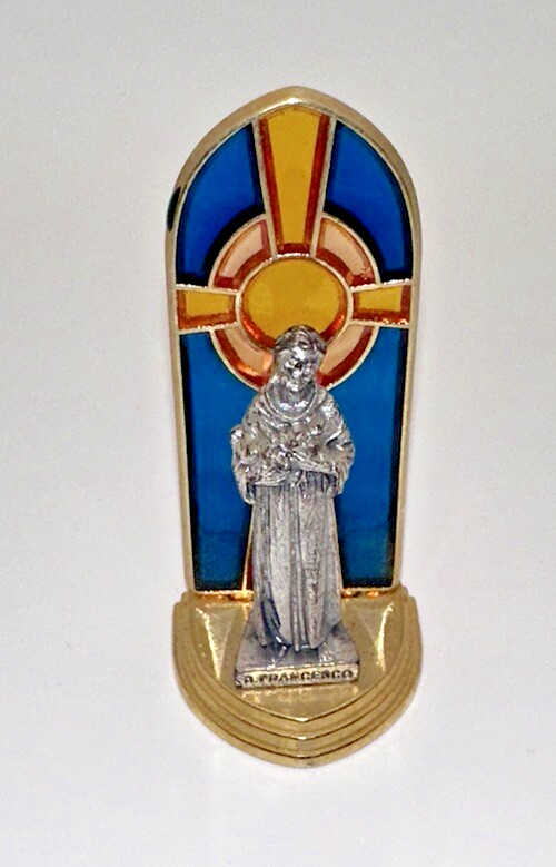 Vintage Saint Francisco Mini Statue On Wood With Colorful Stained Glass Italy