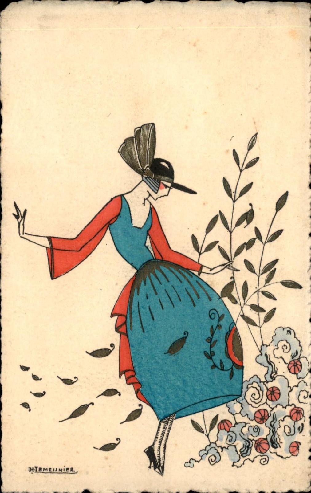 Beautiful Woman Art Deco Flowers & Leaves Temeunier Vintage Postcard