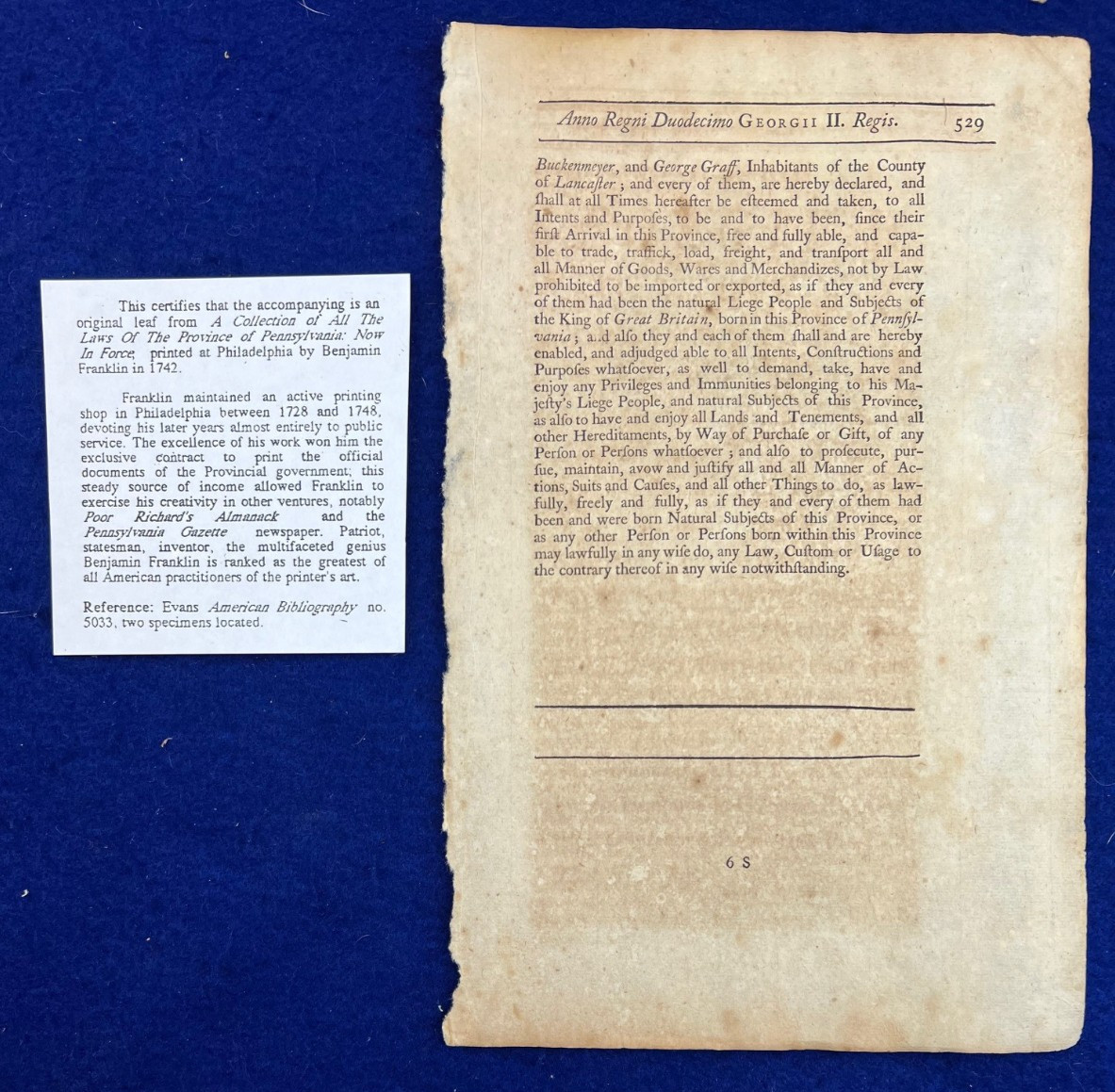 1742 Benjamin Franklin Printed Colonial Immigration Law Document Pennsylvania 1742 Benjamin Franklin Printed Colonial Immigration Law Document Pennsylvania