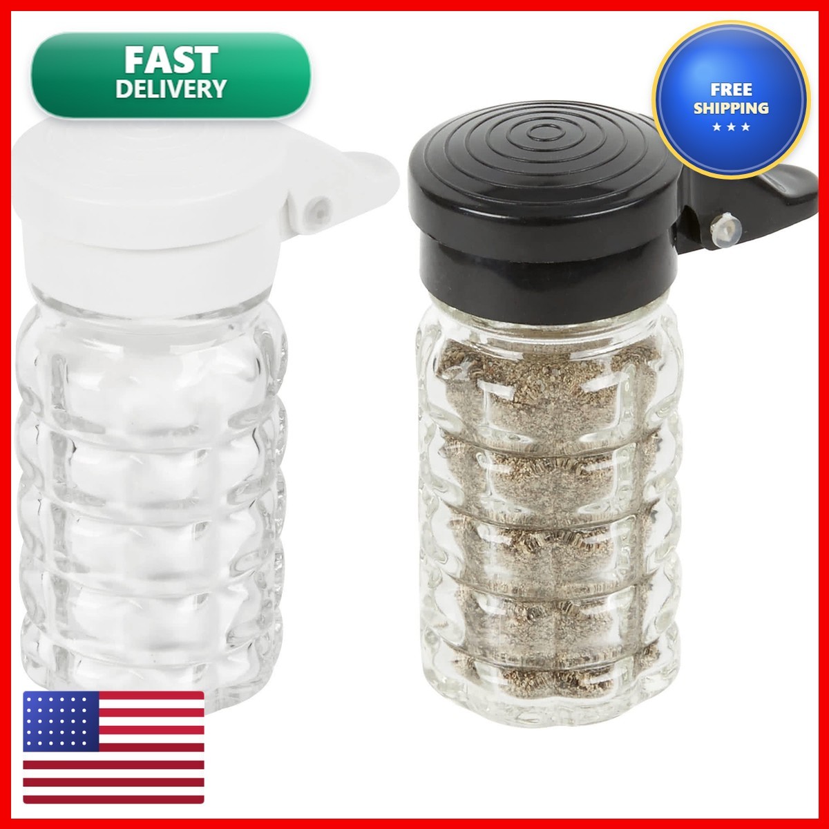 Tablecraft Moisture Proof Salt & Pepper Shakers 1.5 Oz Glass Black White Lids Tablecraft Moisture Proof Salt & Pepper Shakers 1.5 Oz Glass Black White Lids