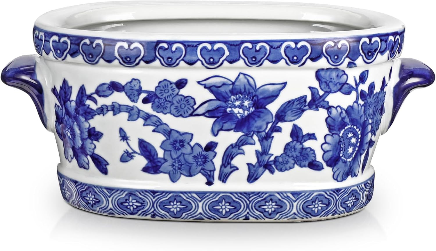 Blue and White Ceramic Planter Pot – Vintage Floral Oval Cachepot Vase for Indoo