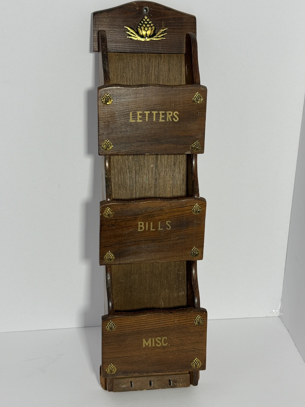 Vtg Brass Accented Wood Wall Hanging Letter Bills Misc Organizer 1970s Kitchen