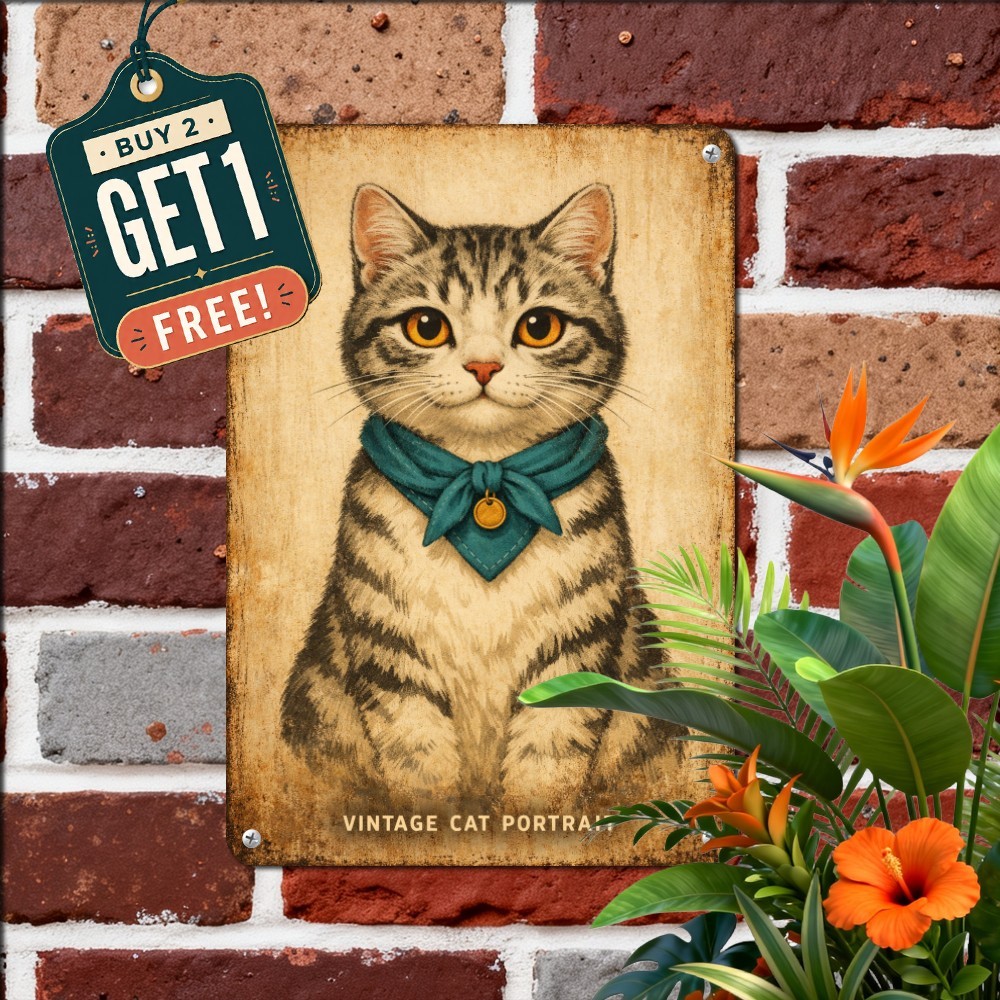 Playful Cute Kitten Face Animal Lover Bedroom Artwork Retro Metal Tin Sign