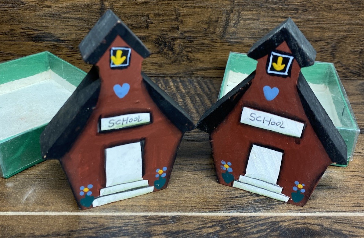 4” Handmade Wood Amish School House Set Folk Art Primitive Village Decor Pair